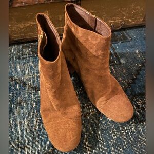 J. Crew Womens Brown Suede Ankle Boots Booties Block Heel Gold Side Zip Sz 11